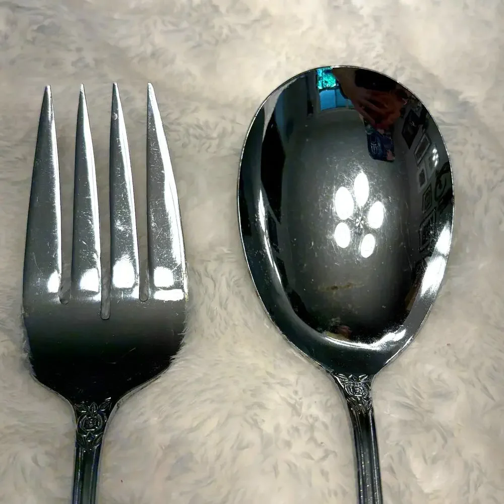 Vintage Louis XV Ornate Rose Flatware Serving Spoon & Fork Set Japan Scrolls